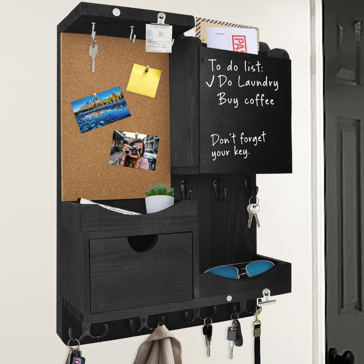 Key Holder for Wall Mount with Shelf and Mail Organizer, Key and Mail Holder with 16 Hooks, Farmhouse Entryway Organizer, Home Decor Rack (Pine Wood, Black)