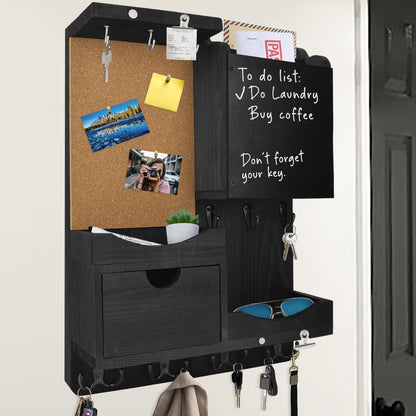 Key Holder for Wall Mount with Shelf and Mail Organizer, Key and Mail Holder with 16 Hooks, Farmhouse Entryway Organizer, Home Decor Rack (Pine Wood, Black)