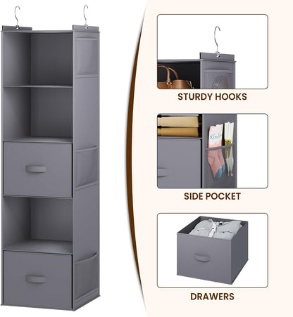YOUDENOVA Hanging Closet Organizer, 5 Tier Hanging Closet Shelves with 6 Side Pockets and 2 Drawers, Black
