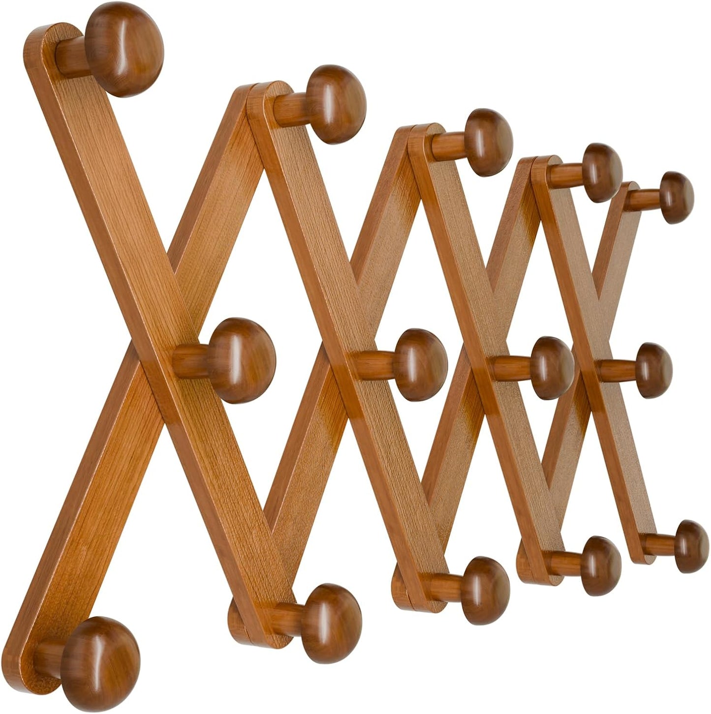 WGFKVAS 2 Pack Accordion Hat Rack for Wall - Expandable Coat Rack & Wall Mounted Hat Holder - Wooden Wall Hanger with 10 Peg Hooks for Coats, Baseball Caps, Keys & Mugs