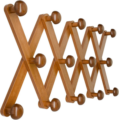 WGFKVAS 2 Pack Accordion Hat Rack for Wall - Expandable Coat Rack & Wall Mounted Hat Holder - Wooden Wall Hanger with 10 Peg Hooks for Coats, Baseball Caps, Keys & Mugs