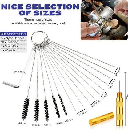 Valchoose Premium Jet Cleaning Brushes, Carb Carburetor Cleaners Made of Heavy Duty Density Nylon and Stainless Steel 13 Cleaning Wires Set + 5 Nylon Brushes + 10 Needles