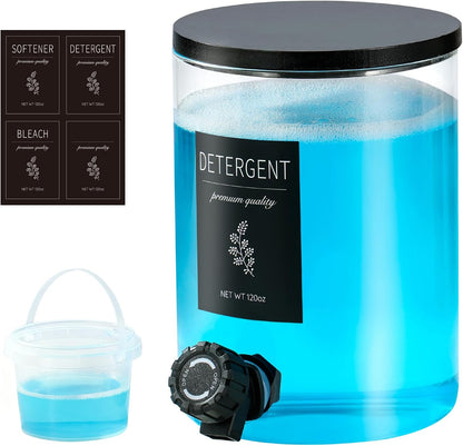 Glass Laundry Detergent Dispenser with Shelf & Bamboo Lid - 120 Oz Liquid Detergent, Laundry Soap & Fabric Softener Dispenser for Laundry Room Organization and Storage with 2 Cups & 8 Labels