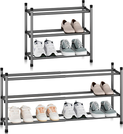 STORAGE MANIAC Expandable Shoe Rack for Closet, 8 Pairs Stackable Small Shoe Rack, Metal Adjustable Shoes Organizer for Entryway, Hallway, Garage, Front Door, Shoes Shelves, Black 2 Tier
