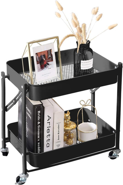 2-Tier Utility Rolling Cart Storage Sofa Side Table with Wheels, Mobile Trolley Organizer with for Office Home Kitchen Organization, Cream White