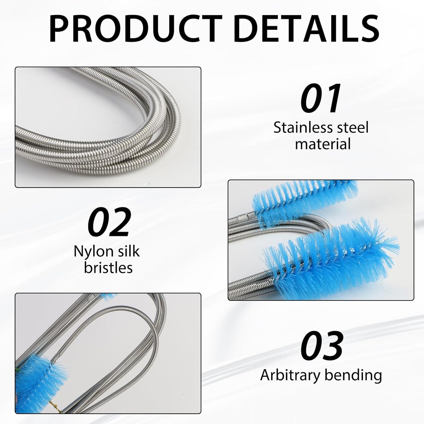 79” Flexible Pipe Cleaner Brush Set, Dual-Ended and Extra-Long Stainless Steel Cleaning Tool for Homeowner Mechanics Clean Sink Refrigerator Coils Shower Drain Plumbing Maintenance Fish-Tank