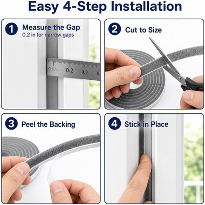 Self-Adhesive Door Draft Stopper & Weather Stripping Door Seal – Gray, 33 Ft x 0.35" Wide x 0.35" Thick Foam Seal Strip – Draft Blocker, Noise Reduction, Insulation