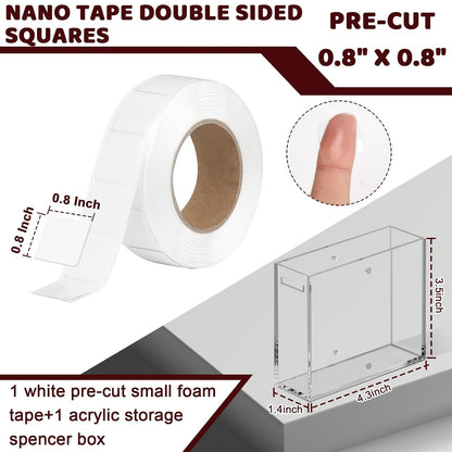 1 Pack Nano Double Sided Adhesive Dots 0.8" Precut Thin Nano Tape with Acrylic Dispenser Box Clear Double Sided Sticky Putty for Wall Poster Hanging Crafts Removable(Tape+Box)