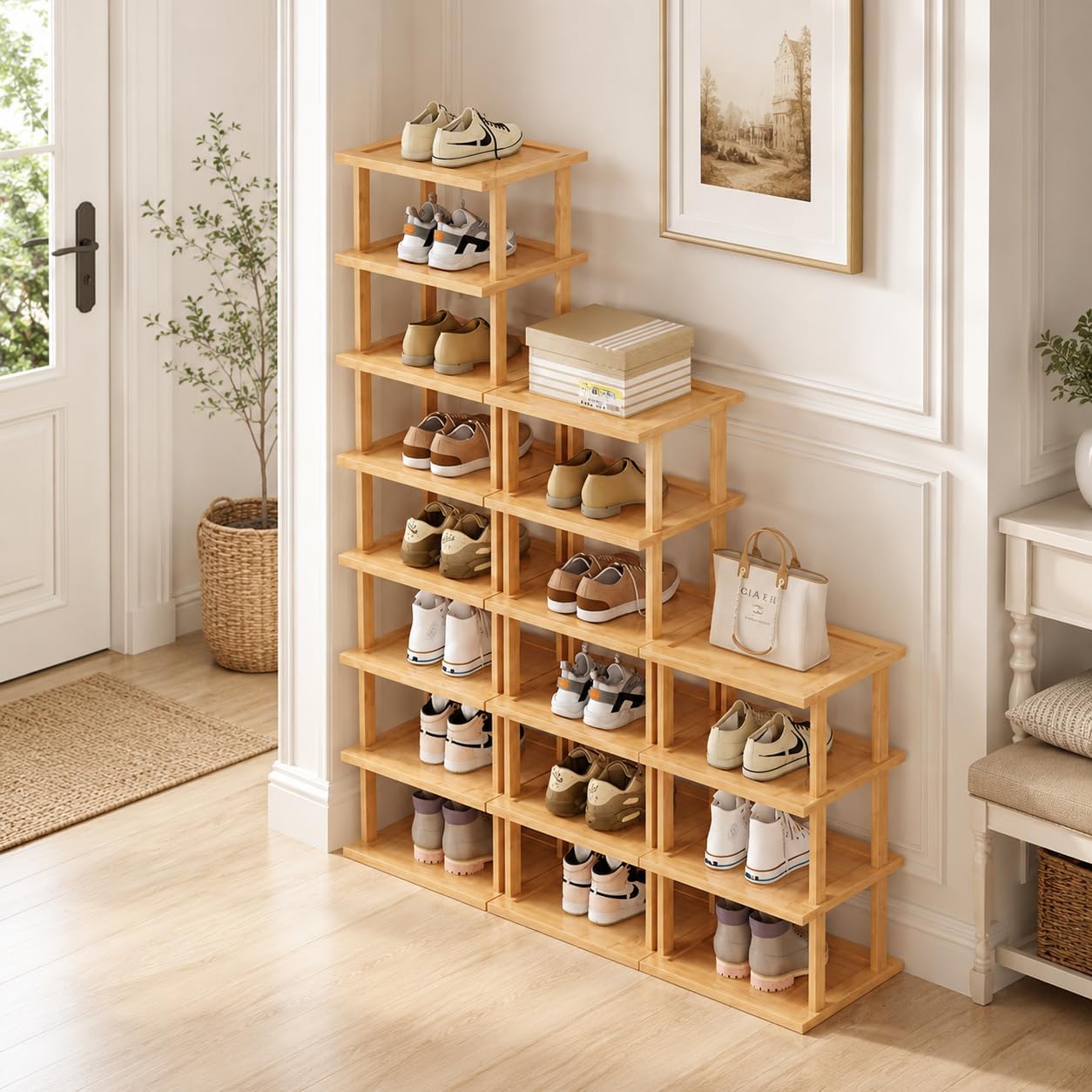 SAN HE 7-Tier Modern Bamboo Shoe Rack - Vertical, Slim, Space-Saving Shoe Organizer for Small Spaces, Closet, Entryway, Corner, Garage, Bedroom