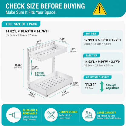 Under Sink Organizer 2 Pack, 2-Tier Metal Slide-Out Cabinet Organizer and Storage for Bathroom Kitchen, Height Adjustable Under Sink Storage Shelf with Pull-Out Drawer (2 Sets)