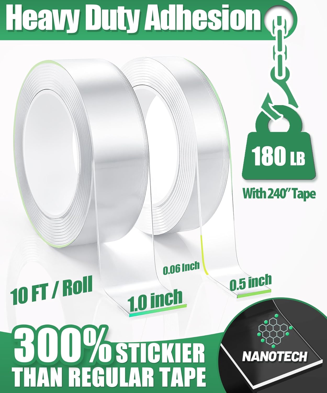Double Sided Tape Heavy Duty, 240" L x 1"/0.5" W, Removable Waterproof Clear Nano Mounting Tape for Picture Hanging, Wall Decor, Rugs & Posters, Indoor Outdoor