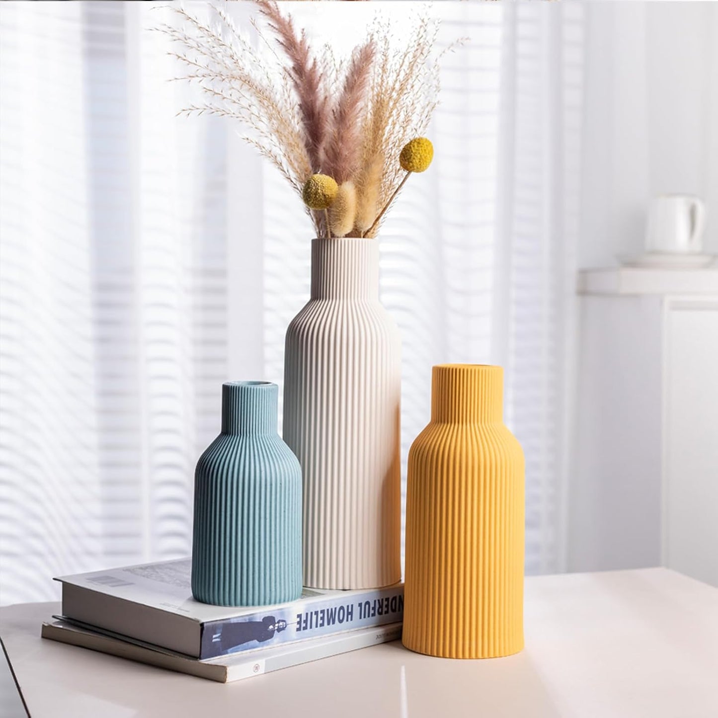White Ceramic Flower Vases Set of 3, Modern Matte Vertical Ribbed, Nordic Minimalist Decor for Pampas, Dried & Fresh Flowers, Centerpiece for Living Room, Shelf, Entryway, Wedding,Office
