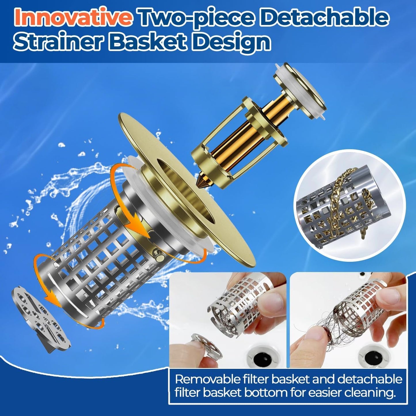 Bathroom Sink Drain Strainer(2PCS), Stainless Steel Pop-up Strainer Basket Hair Catcher with Removable Basket, Brass Bullet Core, Universal Fit 1.1-2.36 Inch