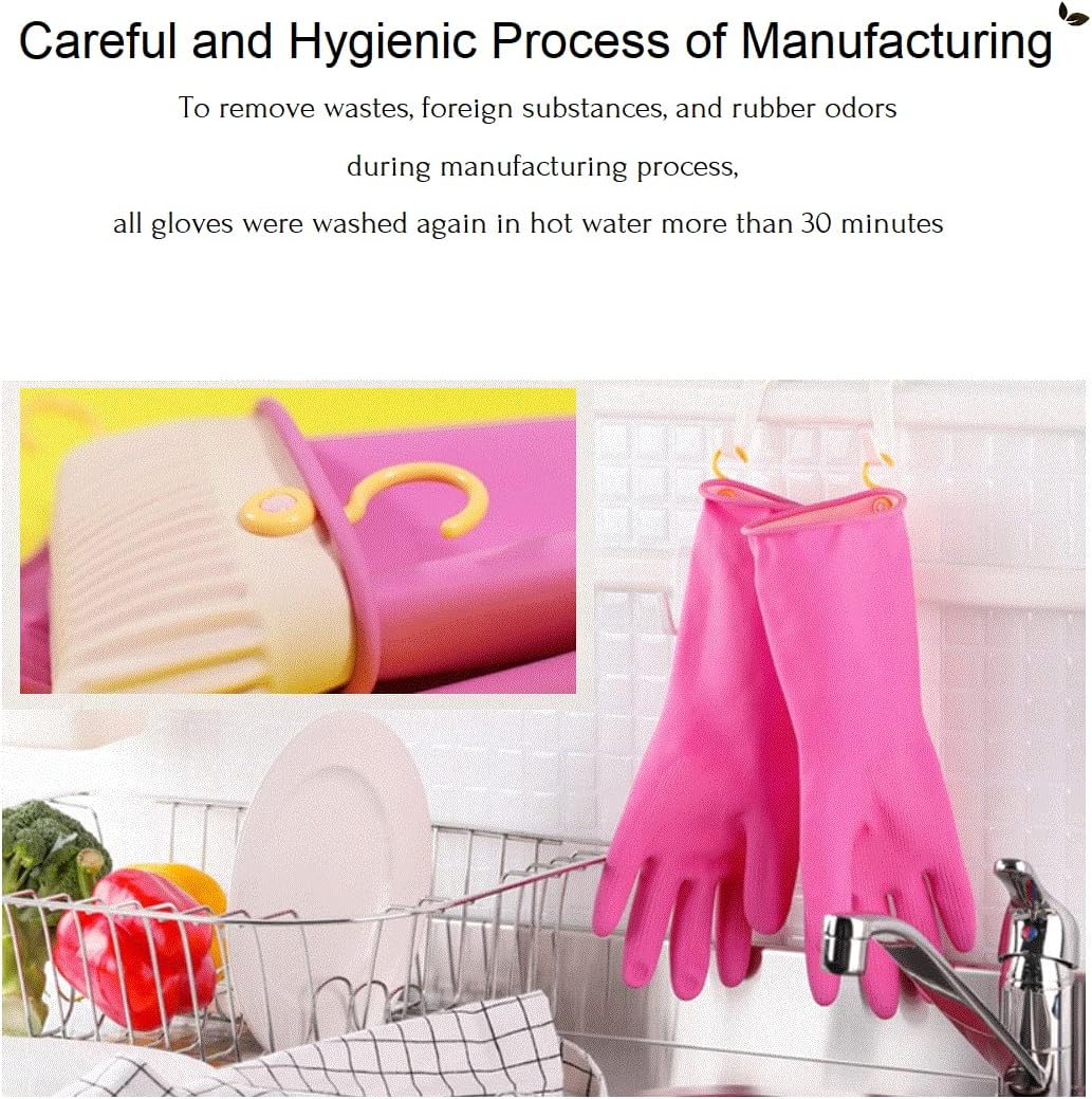 Myungjin Reusable Waterproof Household Dishwashing Non-Slip Cleaning Rubber Gloves with Hang-Dry Hook (1 Pair/Medium)