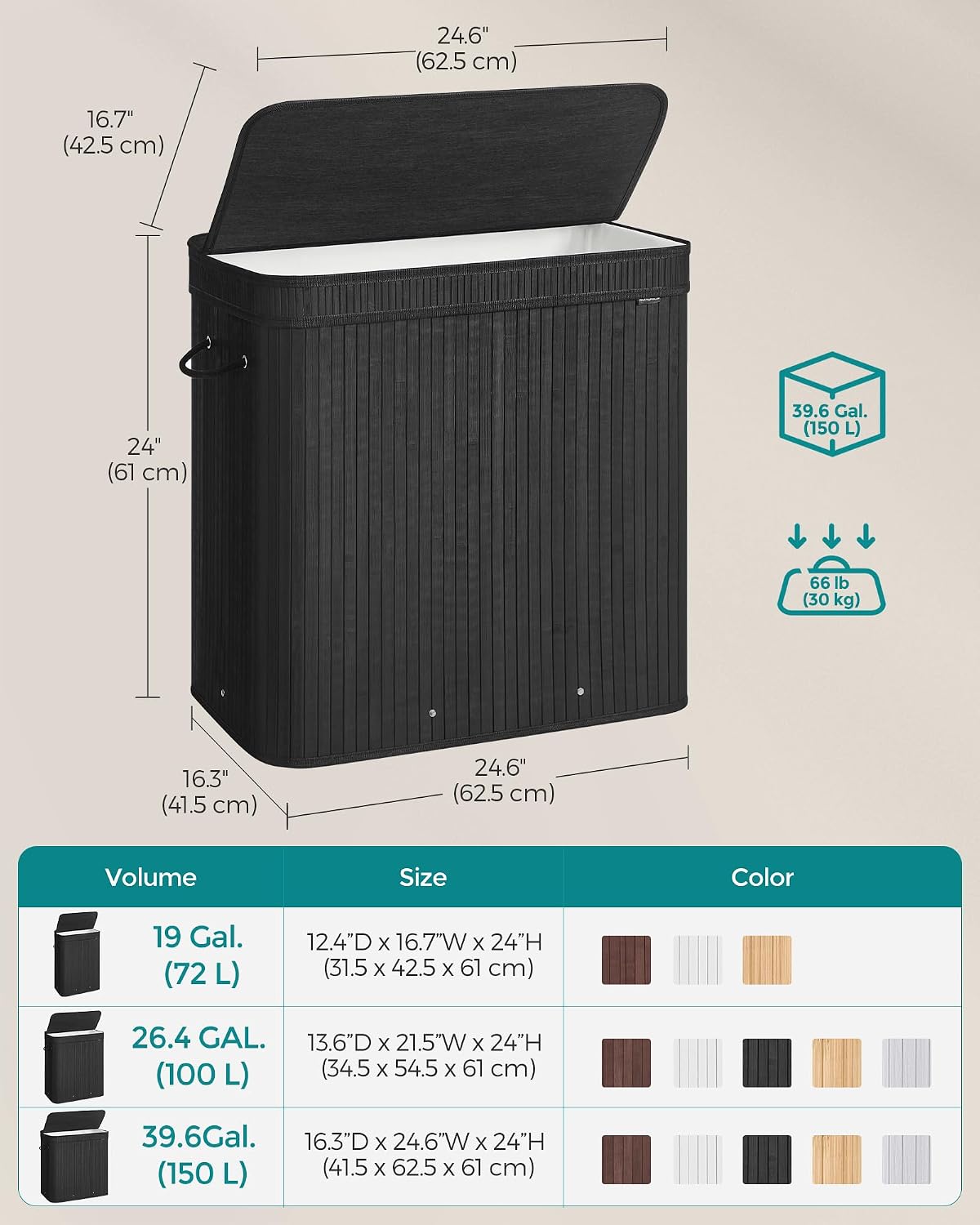 SONGMICS Laundry Hamper with Lid, Bamboo Launry Basket with Handles, Foldable Storage Basket for Laundry Room, Bedroom, 100L, Brown ULCB063K02