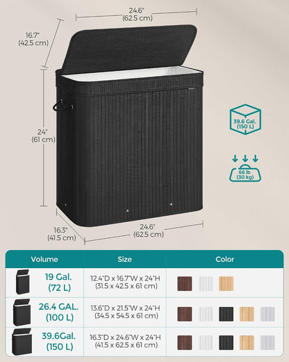 SONGMICS Laundry Hamper with Lid, Bamboo Launry Basket with Handles, Foldable Storage Basket for Laundry Room, Bedroom, 100L, Brown ULCB063K02