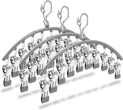 Stainless Steel Sock Drying Rack with 10 Clips 3-Pack, Windproof Laundry Hanger with Non-Slip Clips, Space Saving for Underwear Bras Socks Indoor Outdoor Use (Green)