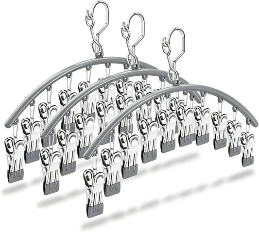 Stainless Steel Sock Drying Rack with 10 Clips 3-Pack, Windproof Laundry Hanger with Non-Slip Clips, Space Saving for Underwear Bras Socks Indoor Outdoor Use (Green)