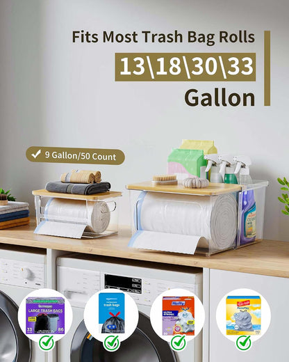 iCASA Trash Bag and Dishwasher Pod Dispenser - 3 in 1 Clear Storage Bins Holder for 13/30/33 Gallon Garbage Bags, Laundry Detergent Pods & Tabs, Under Sink Organizer for Kitchen and Laundry Room