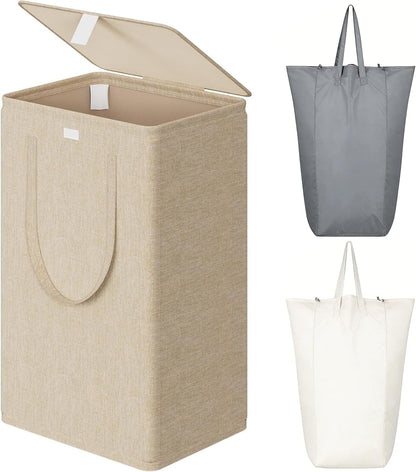 WOWLIVE 180L Laundry Hamper with Lid 3 Section,Large Laundry Basket with Removable Bags and Handles,Collapsible Dirty Clothes Hampers for Laundry,Laundry Basket Organizer for Laundry Room,Dorm,Beige