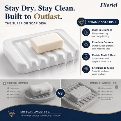 Ceramic Soap Dish Self Draining Soap Holder Bathroom Sink | White Porcelain Soap Tray Self Draining Keeps Soap Dry Anti Slip Silicone Pads Easy Clean Modern Minimalist Bathroom Shower