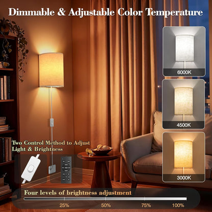 Battery Operated Wall Sconce Set of Two: 10000mAh Wireless Wall Light with Rechargeable Magnetic Bulb - Dimmable Wall Lamp with 7 RGB Colors - Linen Shade Sconces with Remote for Bedroom Living Room
