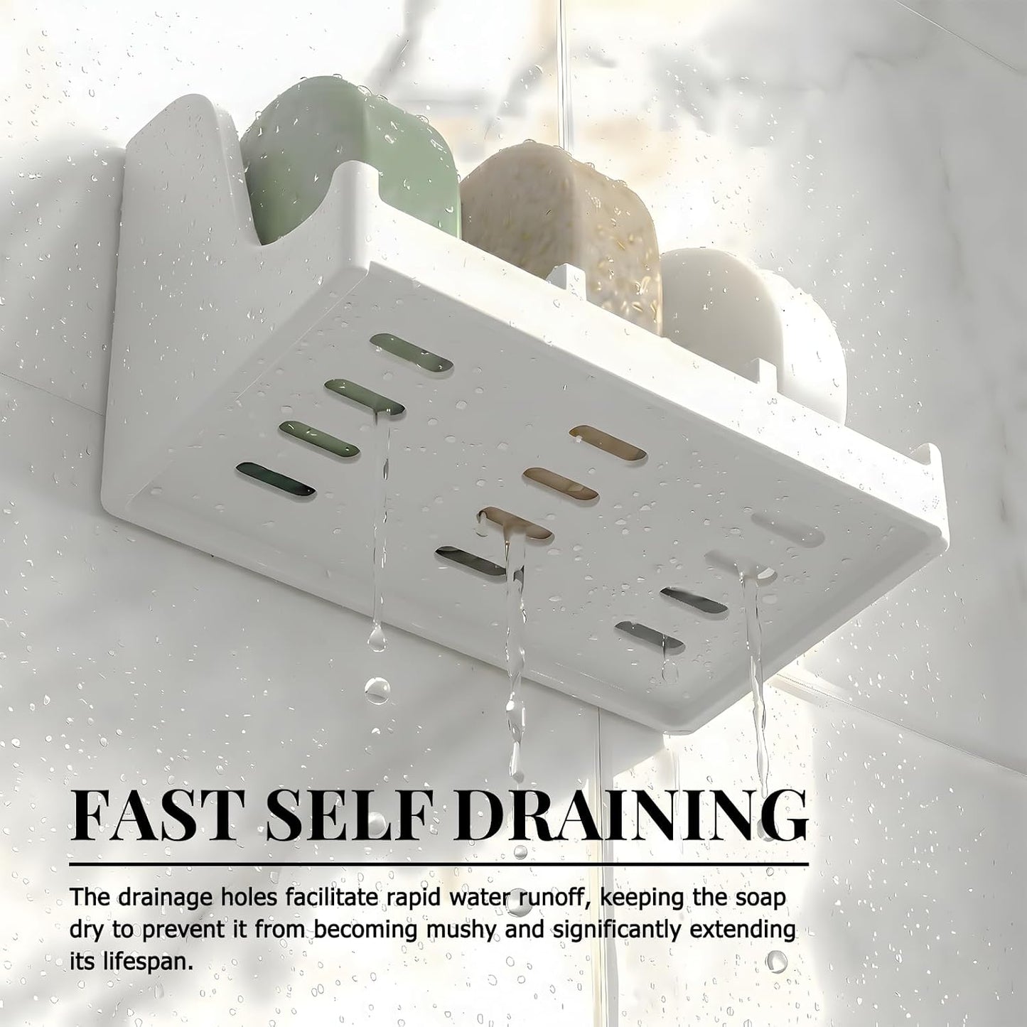 Soap Holder for Shower Wall, 3-Compartment Soap Dish for Shampoo, Conditioner and Body Soap, Fast Draining & Rust-Proof & Heavy Duty, Ultra-Strong Adhesive for Long-Term Bathroom Use & Freestanding