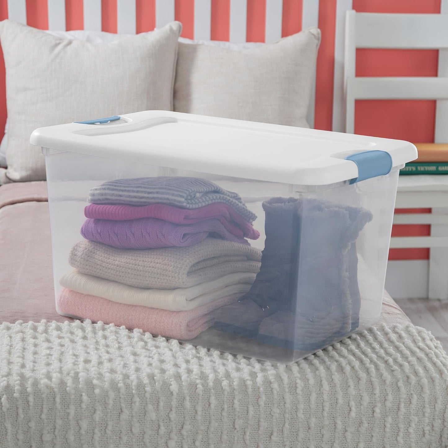 Sterilite 4-Pack 56 Quart Wheeled Latching Box, Underbed Clear Plastic Storage Organizer - Under Bed Rolling Container Bin with Lid and Wheels for Home or Dorm Bedrooms and Closets