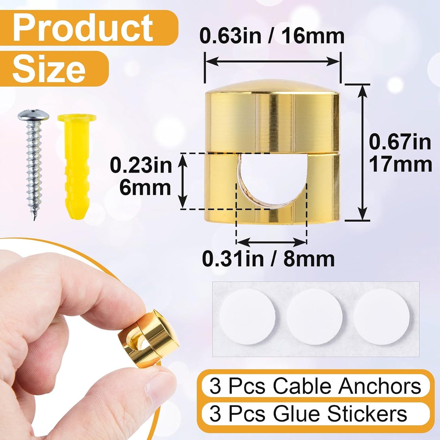 3pcs Cable Anchors for Desk, Adhesive Metal Cord Organizers, Adjustable 2-in-1 Cord Clips Charger Cable Management for Nightstand Office Home Desktop Wall- Gold & Copper & Black
