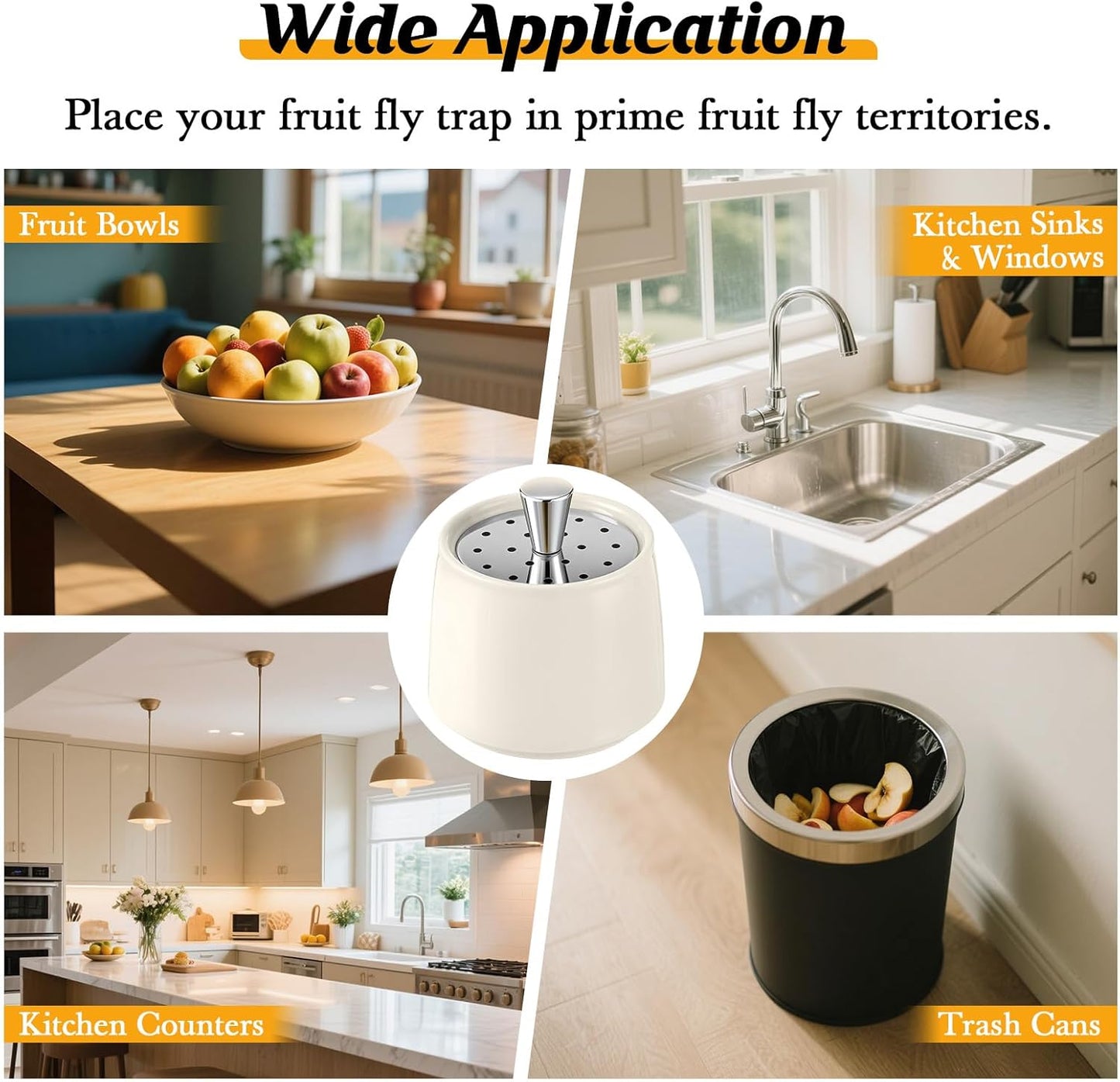 Ceramic Fruit Fly Trap for Indoors, Reusable Kitchen Fly Catcher with Stainless Steel Vent Lid, Uses Safe & Natural Vinegar Bait Trap, Dishwasher Safe, Easy to Use (White,1 Pack)