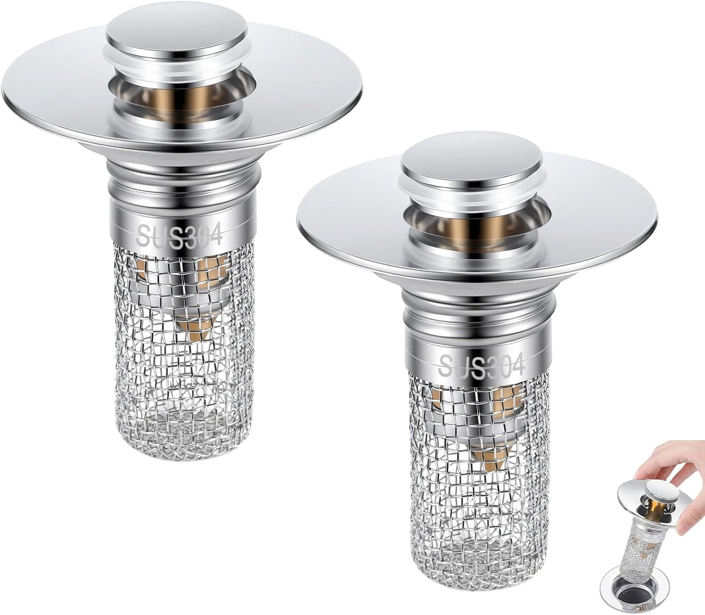 Bathroom Sink Drain Strainer, Pop-up Sink Stopper Hair Catcher with Removable 304 Stainless Steel Strainer Basket Hair Catcher, Bathroom Sink Strainer for Bathroom Sink Stopper Replacement, 2 PCS
