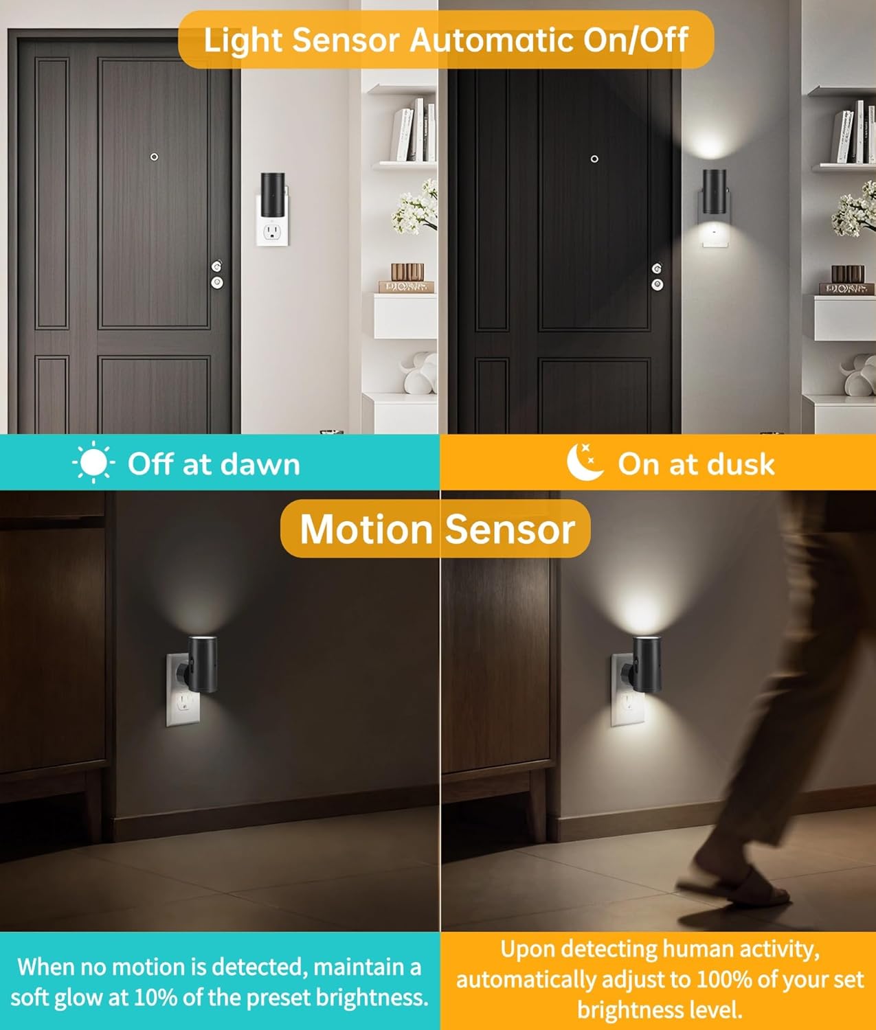 LED Motion Sensor Night Light,Motion Activated Night Light & Dusk to Dawn Sensor Night Light Plug into Wall 5-300LM Adjustable Brightness,5000K Daylight,for Kitchen,Hallway Bedroom,Stairs, 2 Pack