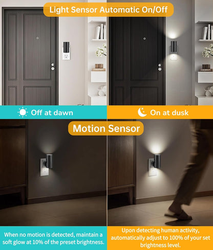 LED Night Lights with Motion Sensor & Dusk to Dawn Sensor, Night Lights Plug into Wall Dimmable Soft White Nightlight with 5-300lm Adjustable Brightness for Bedroom, Bathroom, Stairs, Hallway 2 Pack