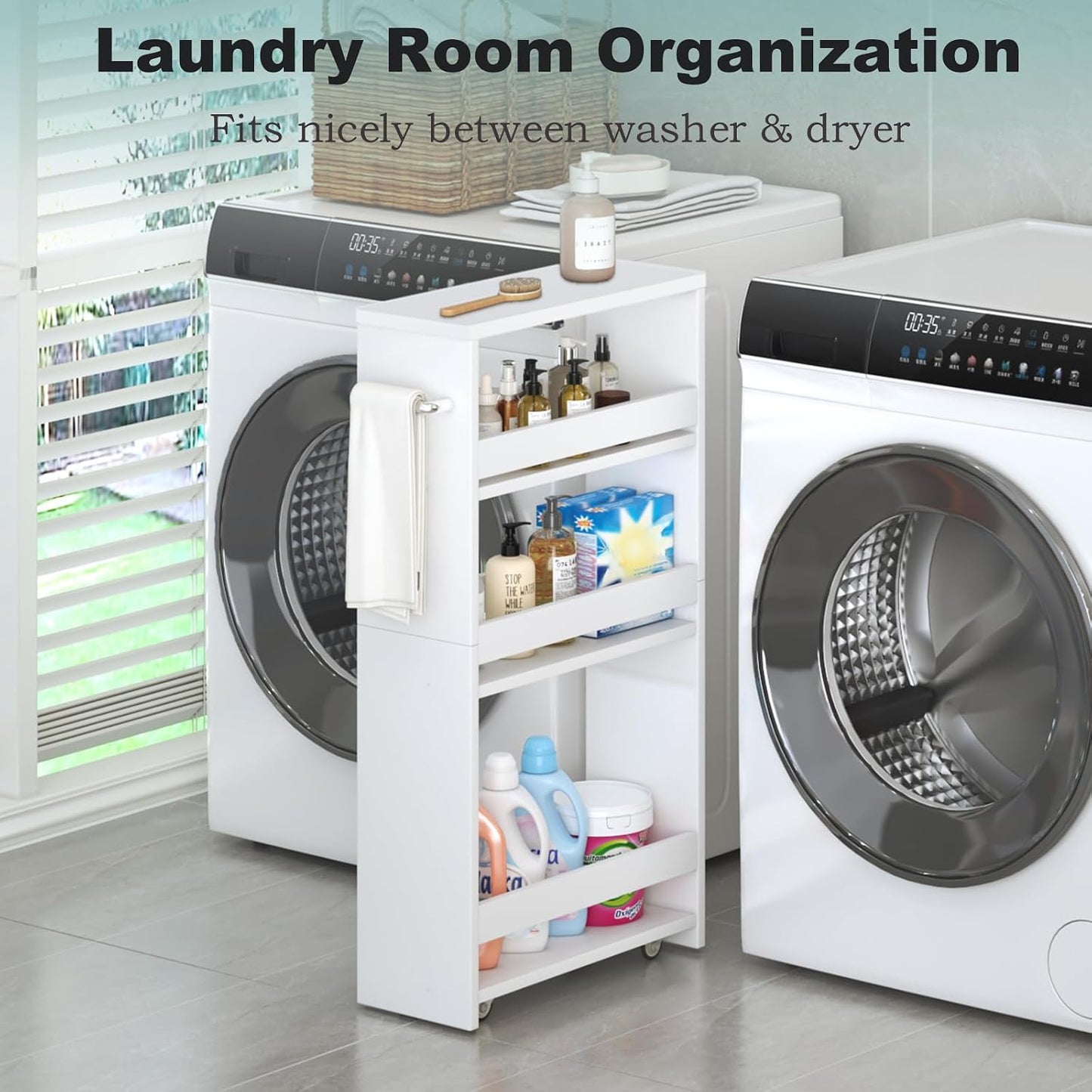 MARTY Slim Rolling Storage Cart 4-Tier Kitchen Cart with Wheels, Laundry Room Storage with Handle Slide Out Utility Cart Shelving Unit Organizer Trolley for Narrow Places Bathroom Small Corner, Black
