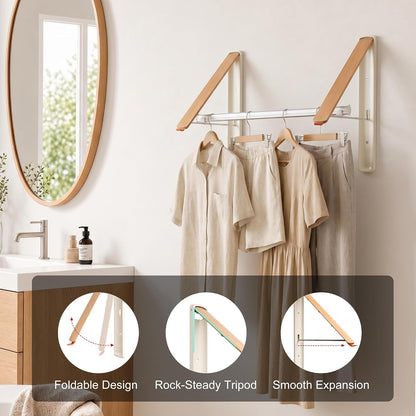 LEQ Clothes Drying Rack Wall Mounted, Foldable Laundry Drying Rack with Wood-Tone Aluminum Frame, Rustproof Retractable Clothes Hanger for Small Laundry Room, Bathroom, Balcony,White