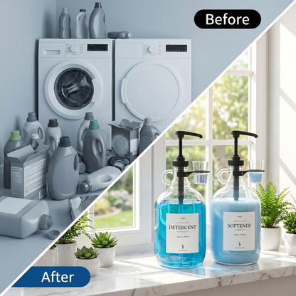 2 Pcs Glass Liquid Laundry Detergent Dispenser with Cup Holders, Half Gallon Dispenser for Laundry Room (64 oz. Each), Laundry Detergent Bottles with Pump Dispenser - (Black Pumps)