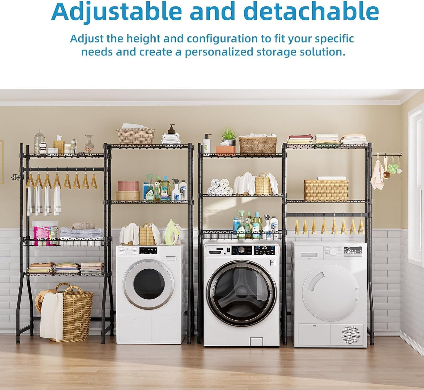 Golpart Over Washer and Dryer Shelves,Heavy Duty Laundry Room Storage Organization Clothes Drying Rack,5 Tier Adjustable Height Wire Shelving and Wire Basket with Hanger Rod&Hook,Space Saving Shelf