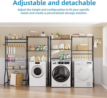 Golpart Over Washer and Dryer Shelves,Heavy Duty Laundry Room Storage Organization Clothes Drying Rack,5 Tier Adjustable Height Wire Shelving and Wire Basket with Hanger Rod&Hook,Space Saving Shelf