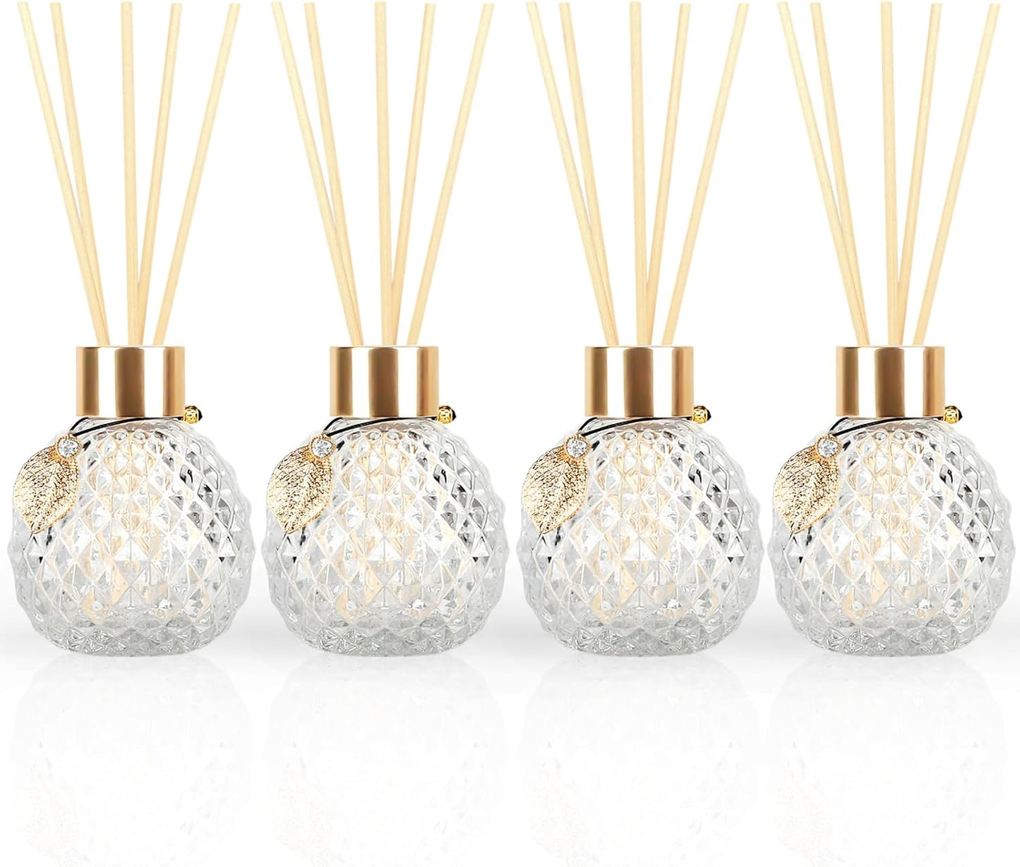 4-Piece Reed Diffuser Set with Metal Golden Decoration, 3.5-4.2oz Empty Bottles and 20 Reed Sticks, Unique Design for Home and Office (4 Different Bottles)