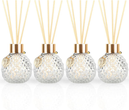 4-Piece Reed Diffuser Set with Metal Golden Decoration, 3.5-4.2oz Empty Bottles and 20 Reed Sticks, Unique Design for Home and Office (4 Different Bottles)