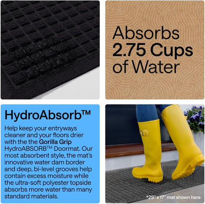 GORILLA GRIP® Ultra Absorbent Front Door Mat Outside Entrance, Traps Dirt and Moisture, HydroABSORB Indoor Outdoor Doormat Holds Up to 1.7 Cups Water, Stain and Fade Resistant Welcome Mat, 29x17 Black