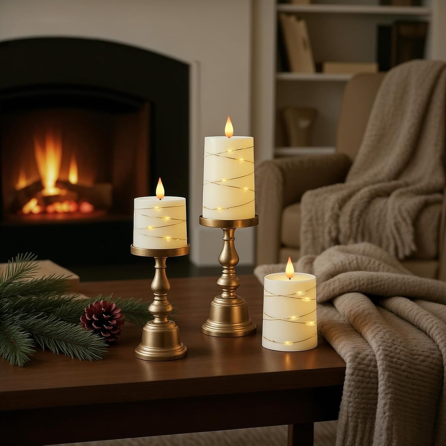 Raycare Flameless Candles with Remote Timer, Flickering Battery Operated LED Pillar Fake Candle with String Lights for Home Decor, Christmas, Wedding and Gift, White, Set of 3