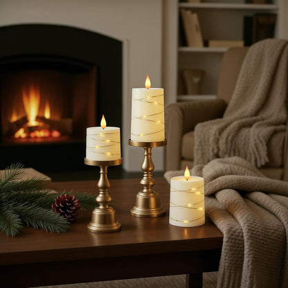 Raycare Flameless Candles with Remote Timer, Flickering Battery Operated LED Pillar Fake Candle with String Lights for Home Decor, Christmas, Wedding and Gift, White, Set of 3