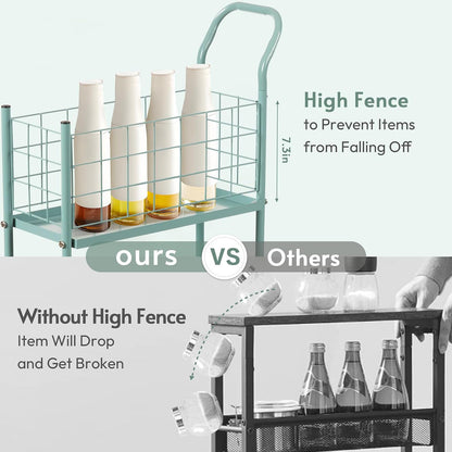 danpinera Rolling Utility Cart with Wheels, 4 Tier 7.7'' Metal Rolling Narrow Storage Cart with Hooks and Hanging Cups on Wheels for Bathroom, Kitchen, Office and Small Spaces, Green