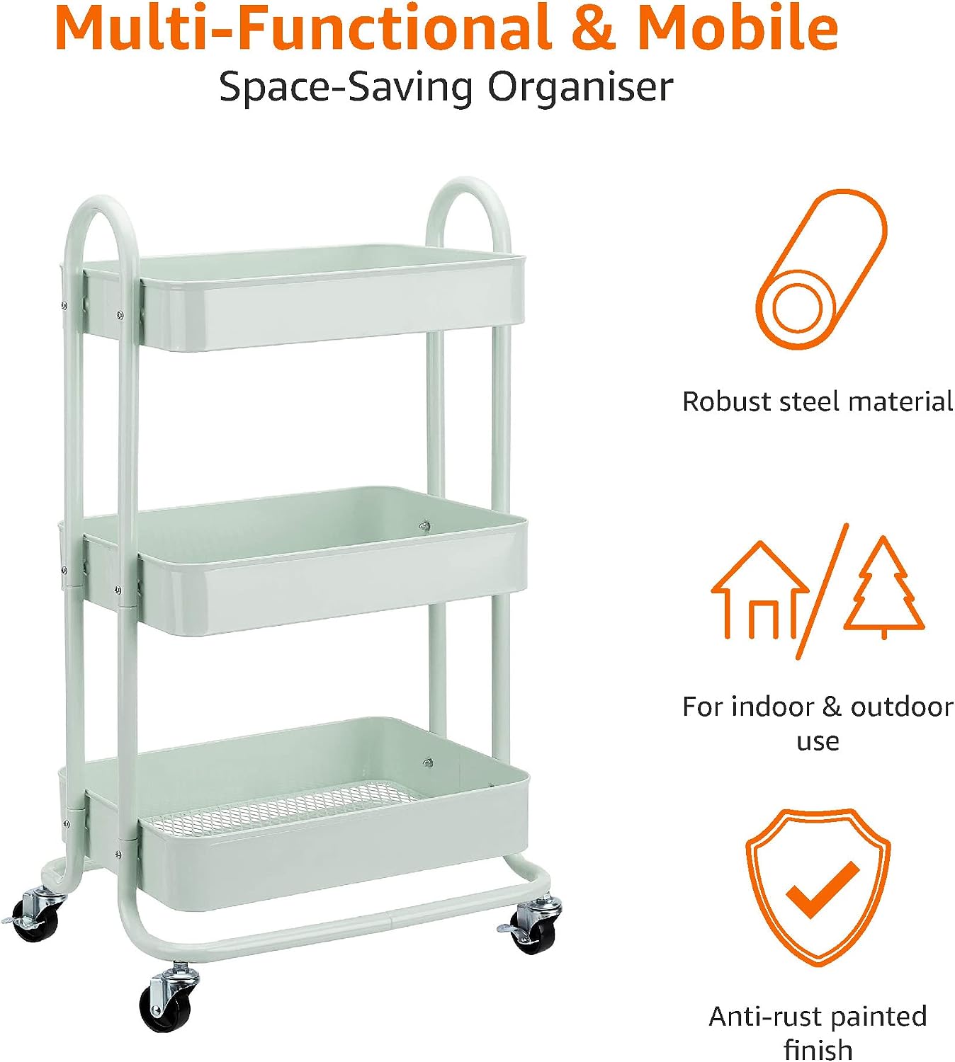 Amazon Basics 3-Tier Rolling Utility Cart, Storage Organizer, Lockable Wheels, Multifunctional Storage, Portable Mobile Shelving Unit, White