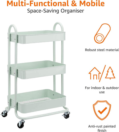 Amazon Basics 3-Tier Rolling Utility Cart, Storage Organizer, Lockable Wheels, Multifunctional Storage, Portable Mobile Shelving Unit, White