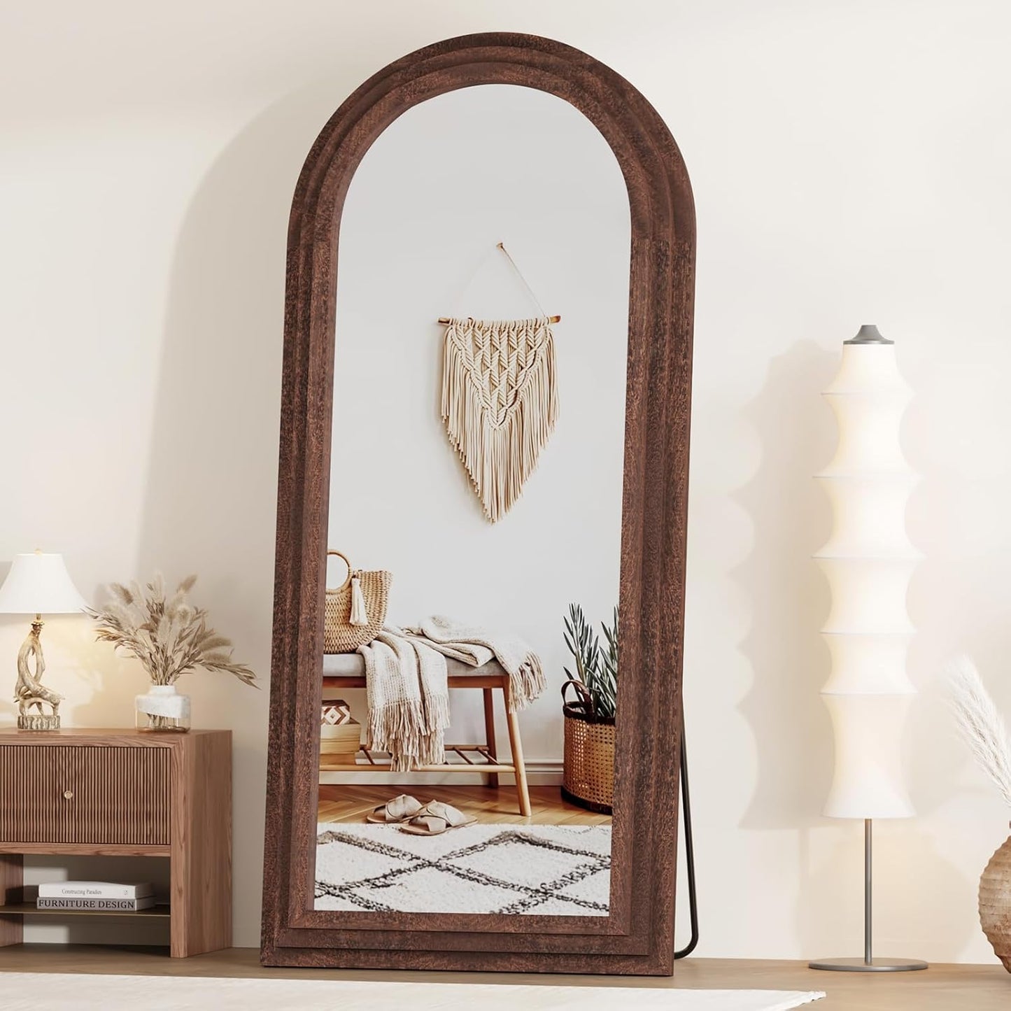 ZHUNFA Arched Full Length Mirror with Solid Wood Frame | 65x22 Farmhouse Wall Mirror Full Length with Stand, Vertical Hanging, Leaning Standing for Bedroom,Living Room, Rustic White