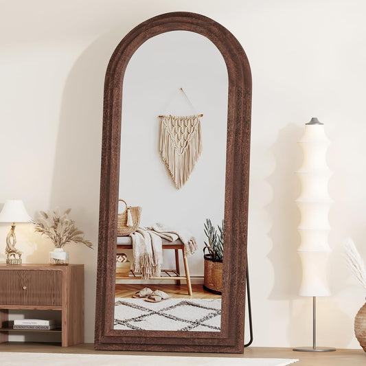 ZHUNFA Arched Full Length Mirror with Solid Wood Frame | 65x22 Farmhouse Wall Mirror Full Length with Stand, Vertical Hanging, Leaning Standing for Bedroom,Living Room, Rustic White