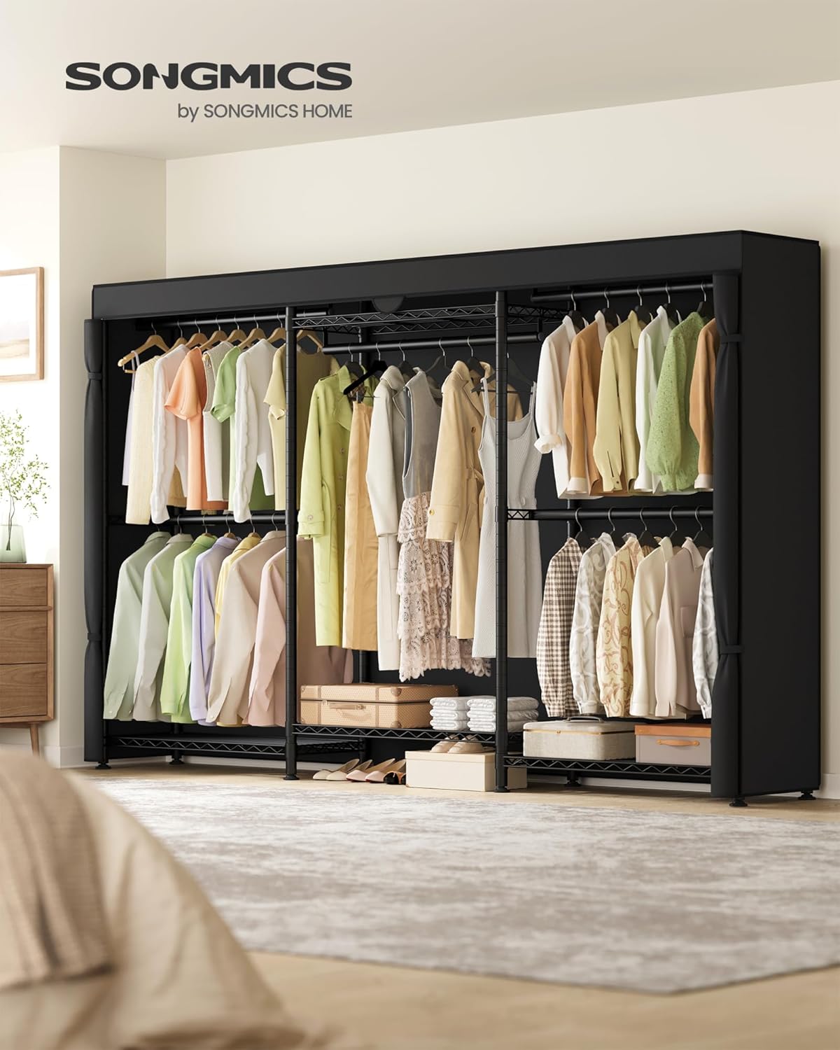 SONGMICS Heavy-Duty Clothes Rack, Garment Rack, Portable Closet, 68.7-Inch Wide Clothing Rack with Adjustable Mesh Shelves and Hanging Rails, Ink Black ULGR433B01