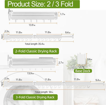Kelisiting Clothes Drying Rack, Wall Mounted Laundry Drying Rack, Upgrade 3-Fold Foldable Collapsible Retractable Clothing Drying Rack with 12 Dual Hooks Organization for Laundry Room Indoor- Black